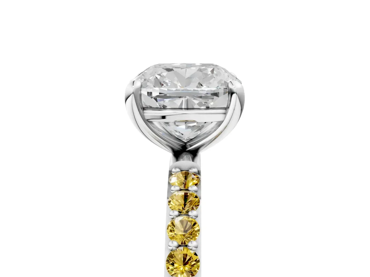 Cushion Cut Diamond Solitaire Ring with Round Yellow Sapphire Pavé Band and Prong Setting White gold