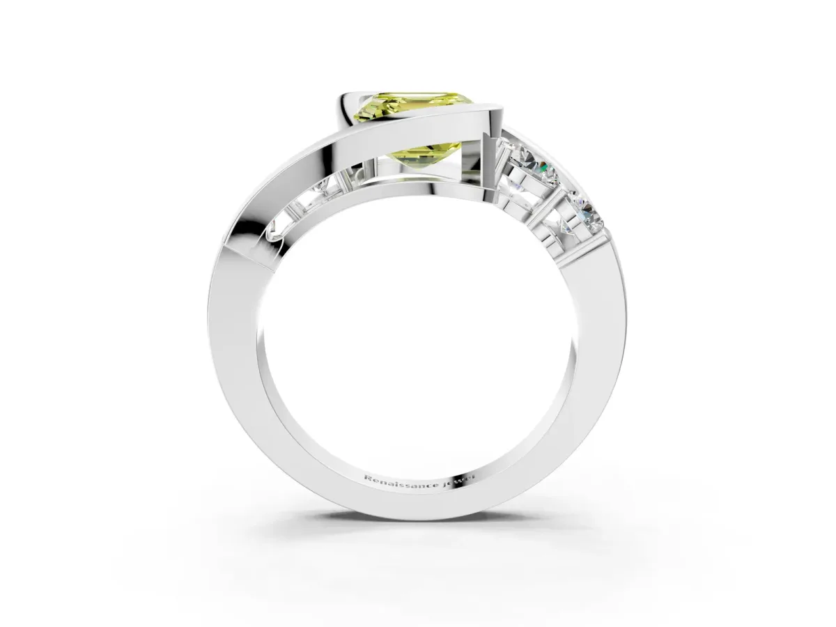 Fancy Yellow Bezel Set Asscher Cut Diamond Bypass Ring with Round Accents Silver