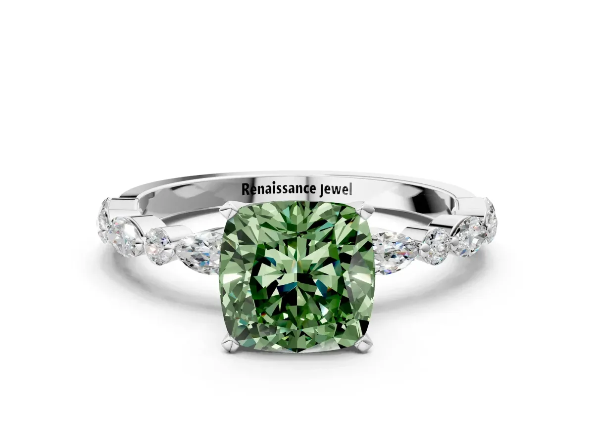 Fancy Green Cushion Cut Diamond Ring with Marquise and Round Side Stones and Four-Prong Setting White gold