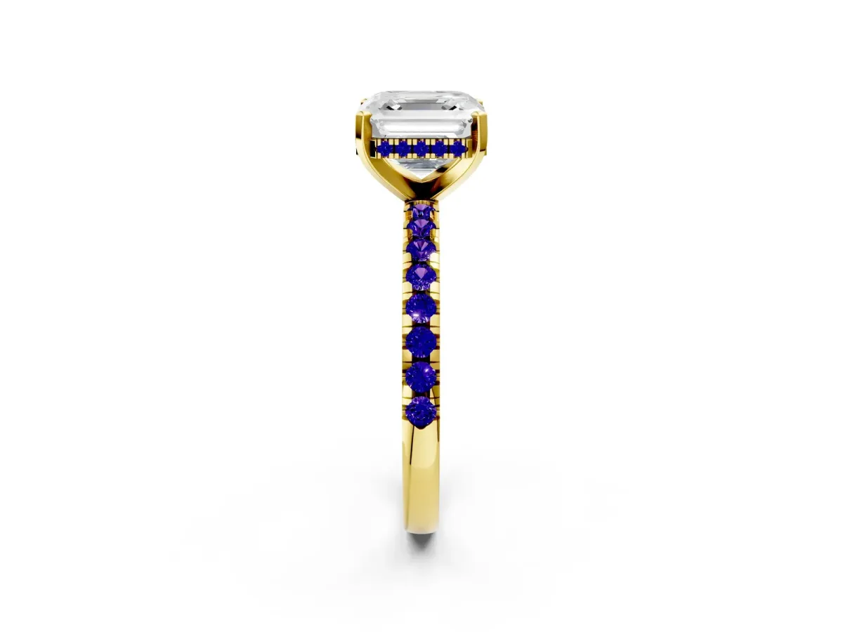 Asscher Cut Diamond Solitaire Ring with Round Tanzanite Pavé Band and Four-Prong Setting Yellow gold