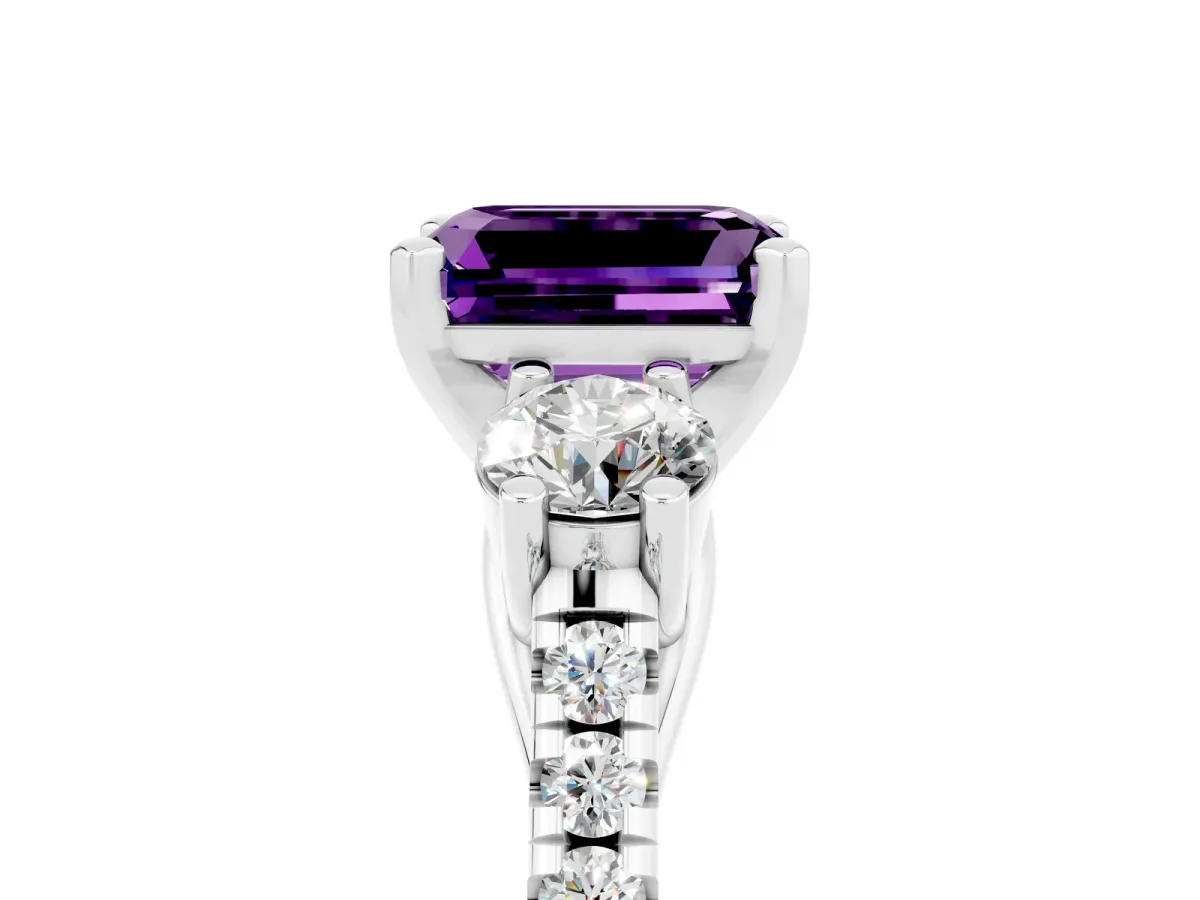 Three-Stone Emerald Cut Amethyst Pavé Band with Four-Prong Setting Silver