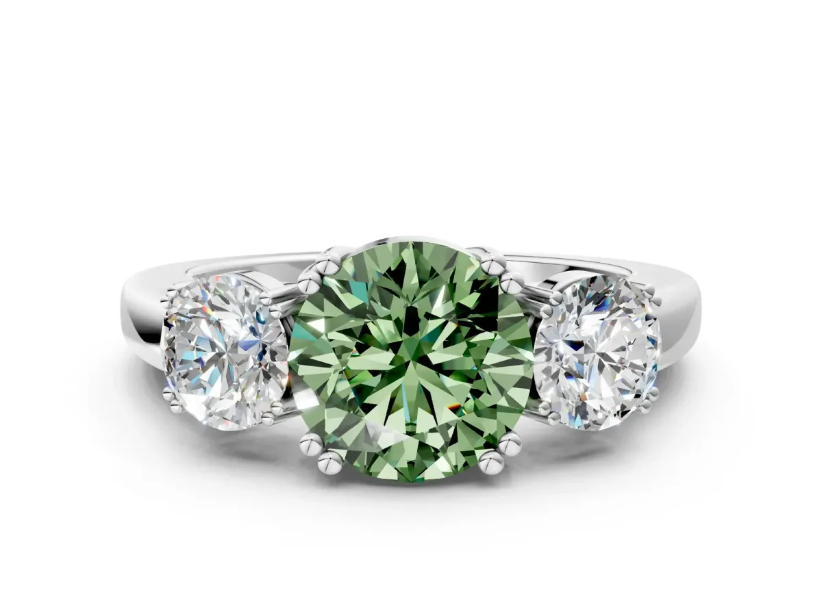 Fancy Green Three-Stone Round Cut Cut Diamond Ring with Channel Set Band and Four-Prong Setting Silver