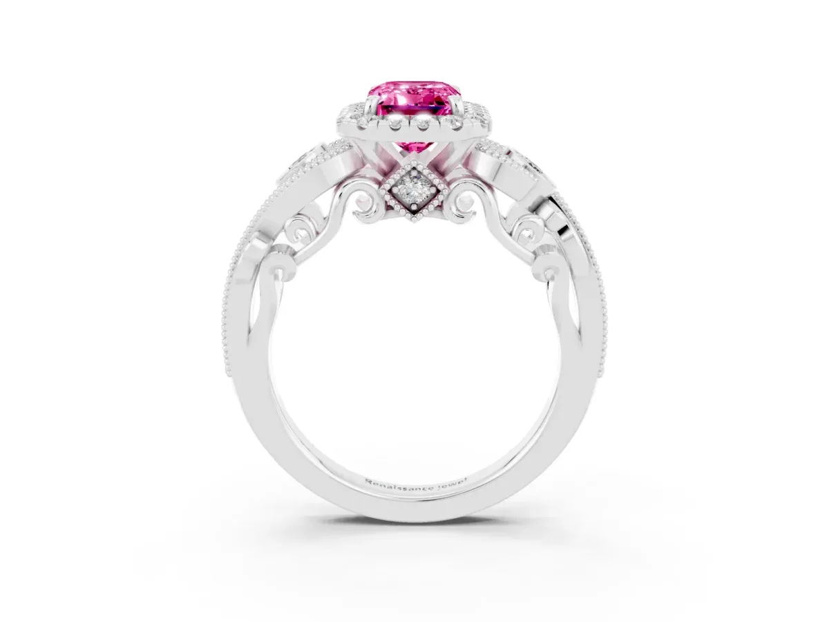 Emerald Cut Pink Sapphire Halo Ring with Milgrain Pavé Band and Four-Prong Setting White gold