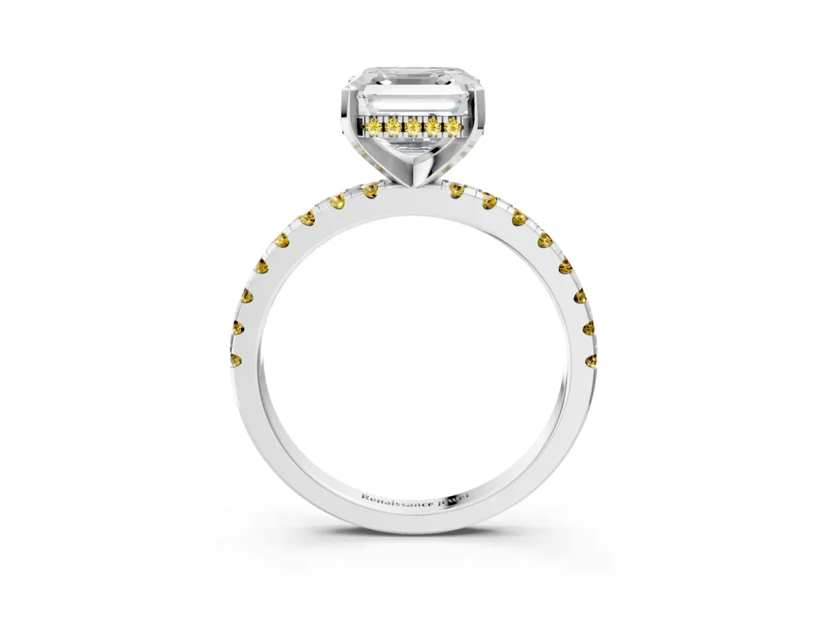Asscher Cut Diamond Solitaire Ring with Round Yellow Sapphire Pavé Band and Four-Prong Setting White gold