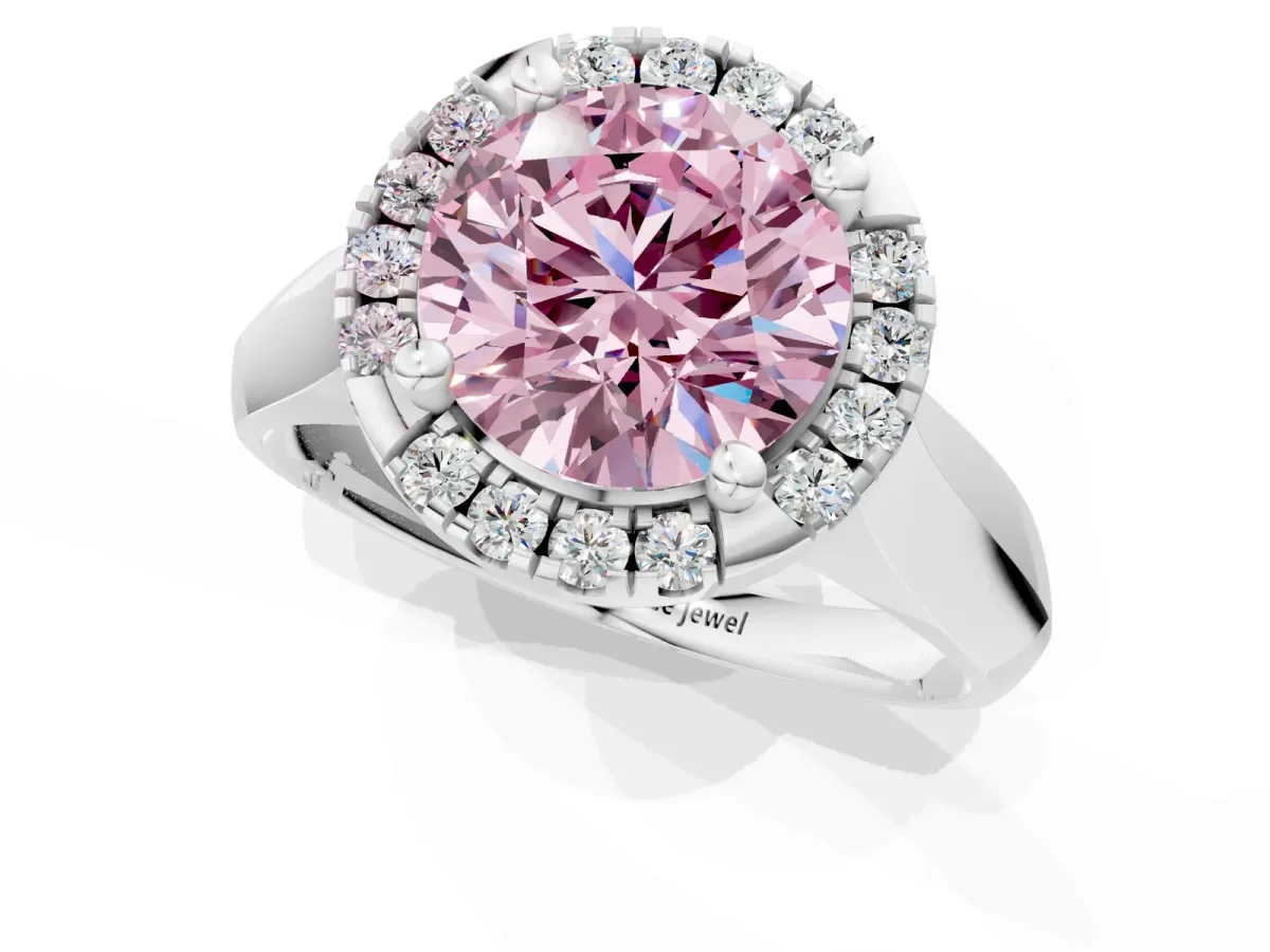Fancy Pink Round Cut Cut Halo Solitaire Engagement Ring with Square Band and Four-Prong Setting White gold