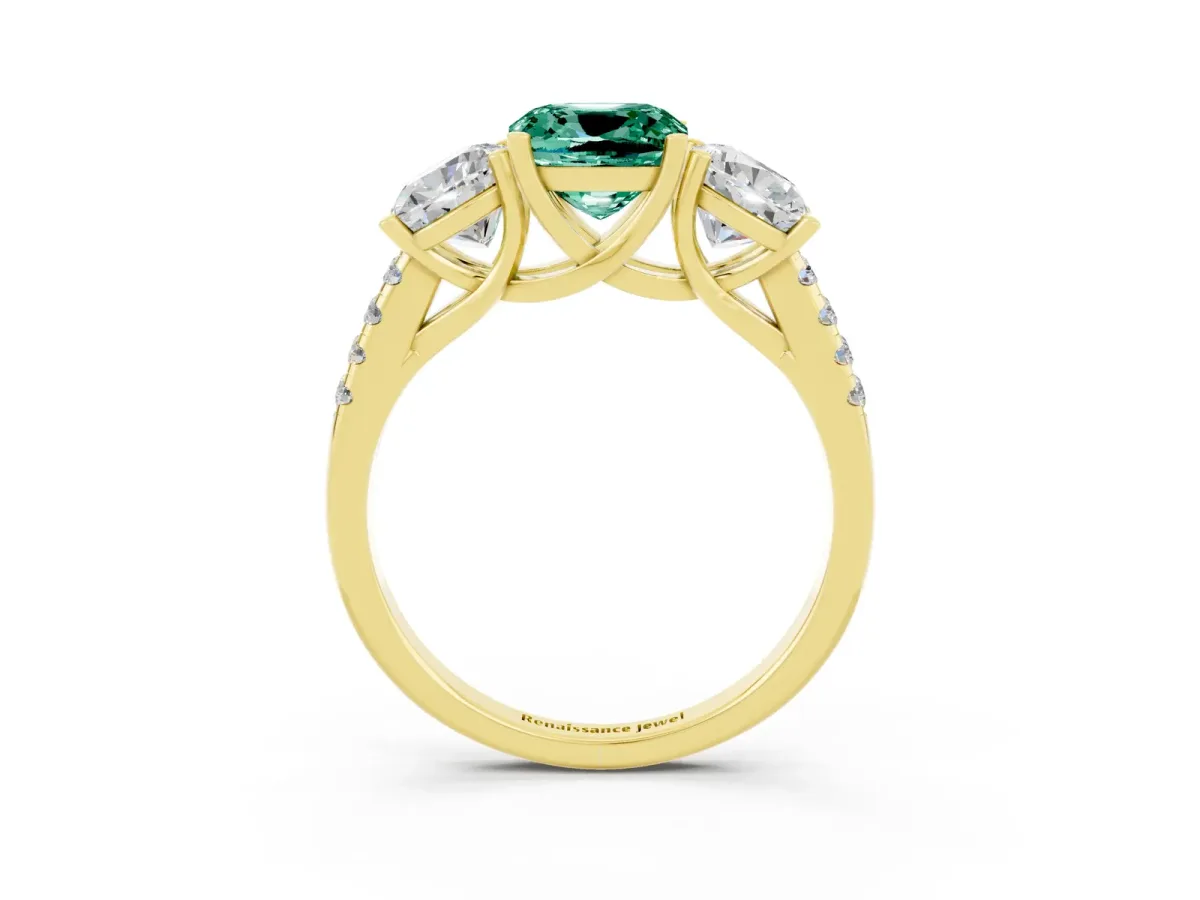 Three-Stone Cushion Cut Green Sapphire Ring with Round Pavé Band and Prong Setting Yellow gold