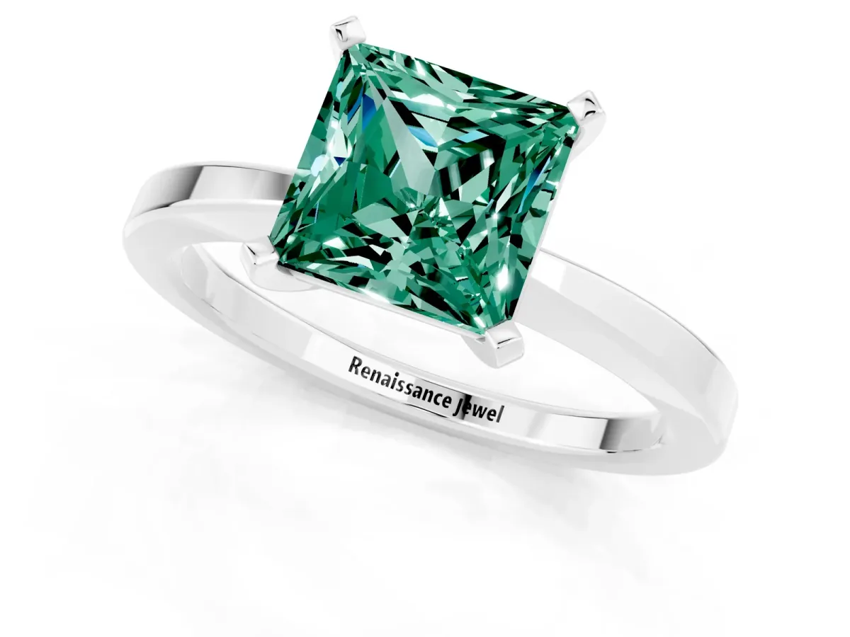 Princess Cut Green Sapphire Solitaire Engagement Ring with Classic Band and Four-Prong Setting Platinum