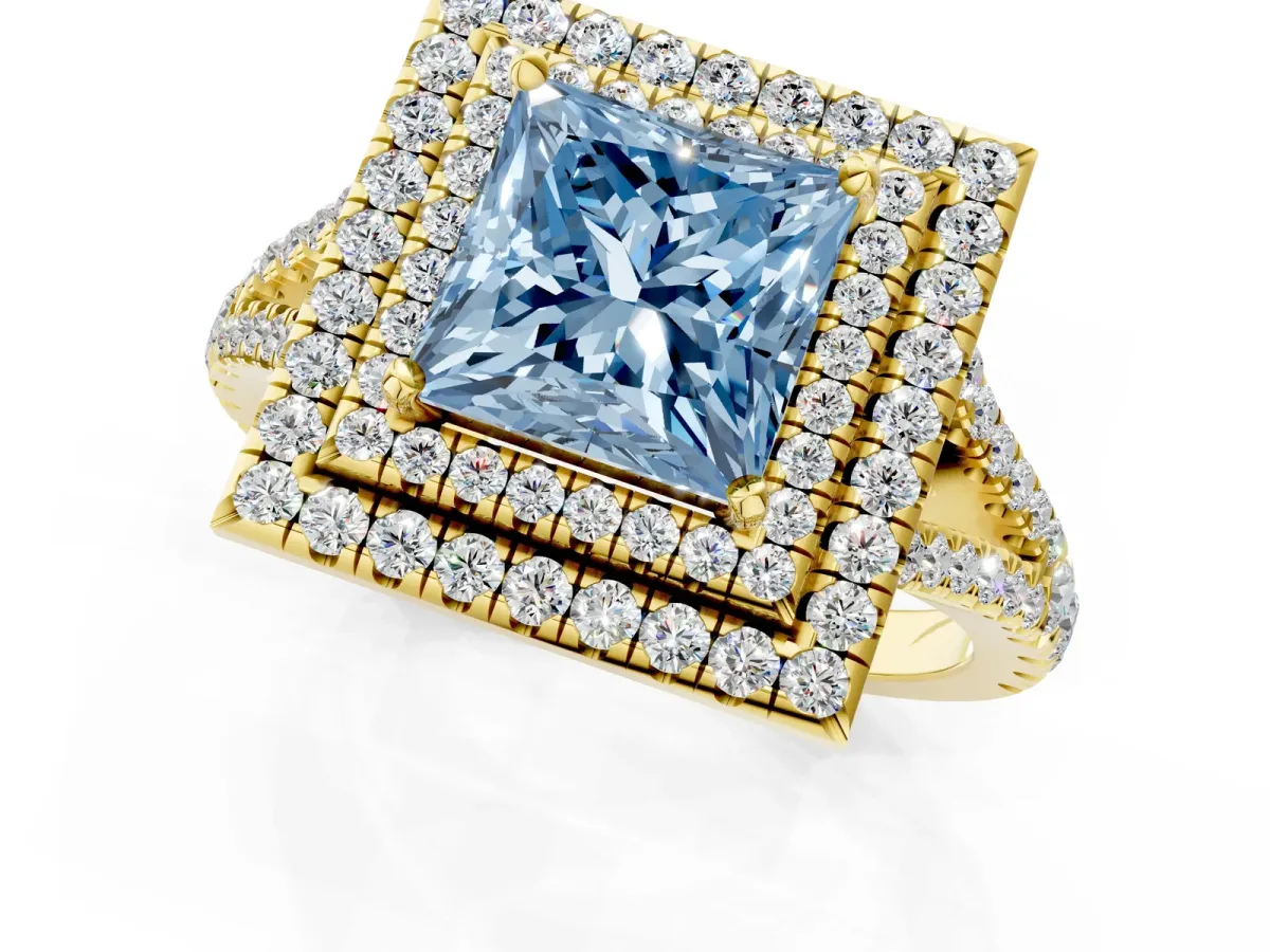 Fancy Blue Princess Cut Diamond Double Halo Ring with Pavé Band and Prong Setting Yellow gold