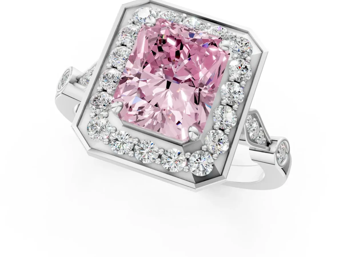 Fancy Pink Radiant Cut Halo Diamond Engagement Ring with Twisted Band and Four-Prong Setting Platinum