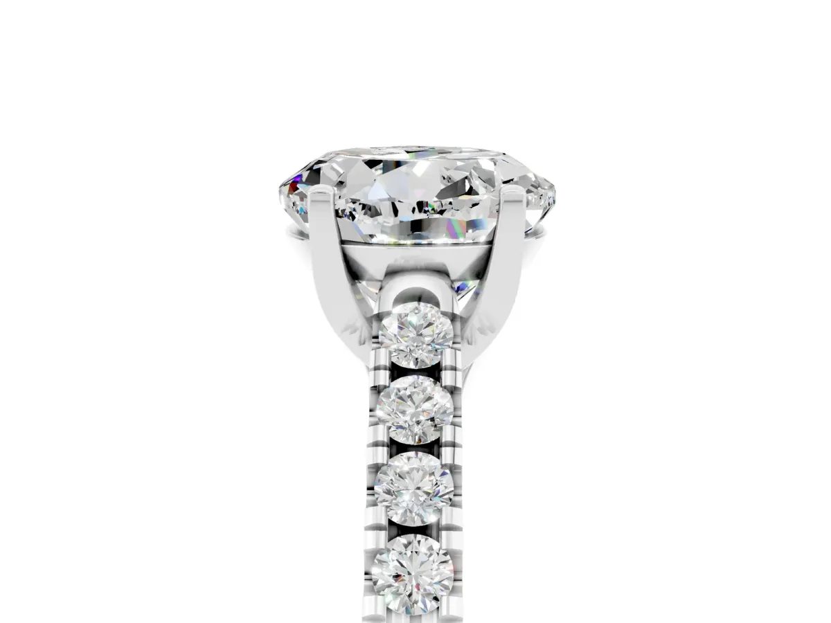 Round Cut Moissanite Pavé Band Solitaire Ring with Prong Setting White gold