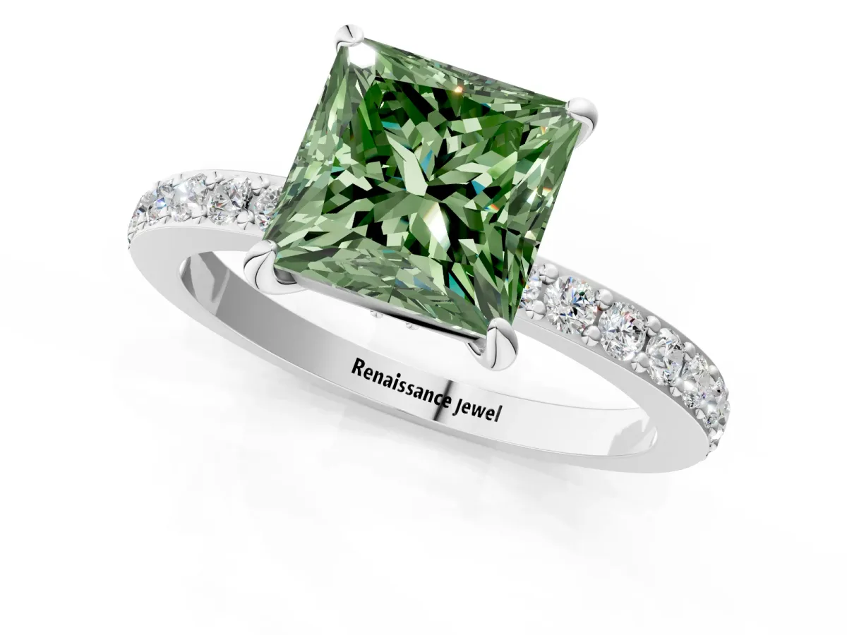 Fancy Green Princess Cut Diamond Solitaire Engagement Ring with Pavé Band and Four-Prong Setting White gold