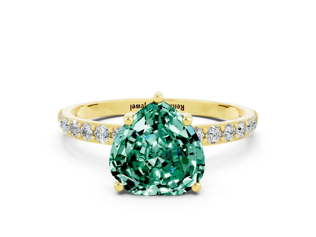 Heart Cut Green Sapphire Solitaire Ring with Round Pavé Band and Prong Setting Yellow gold