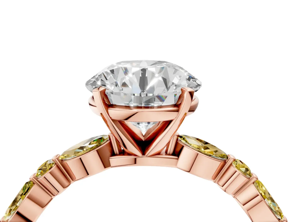 Round Cut Diamond Ring with Marquise and Round Yellow Sapphire Side Stones and Four-Prong Setting Rose gold