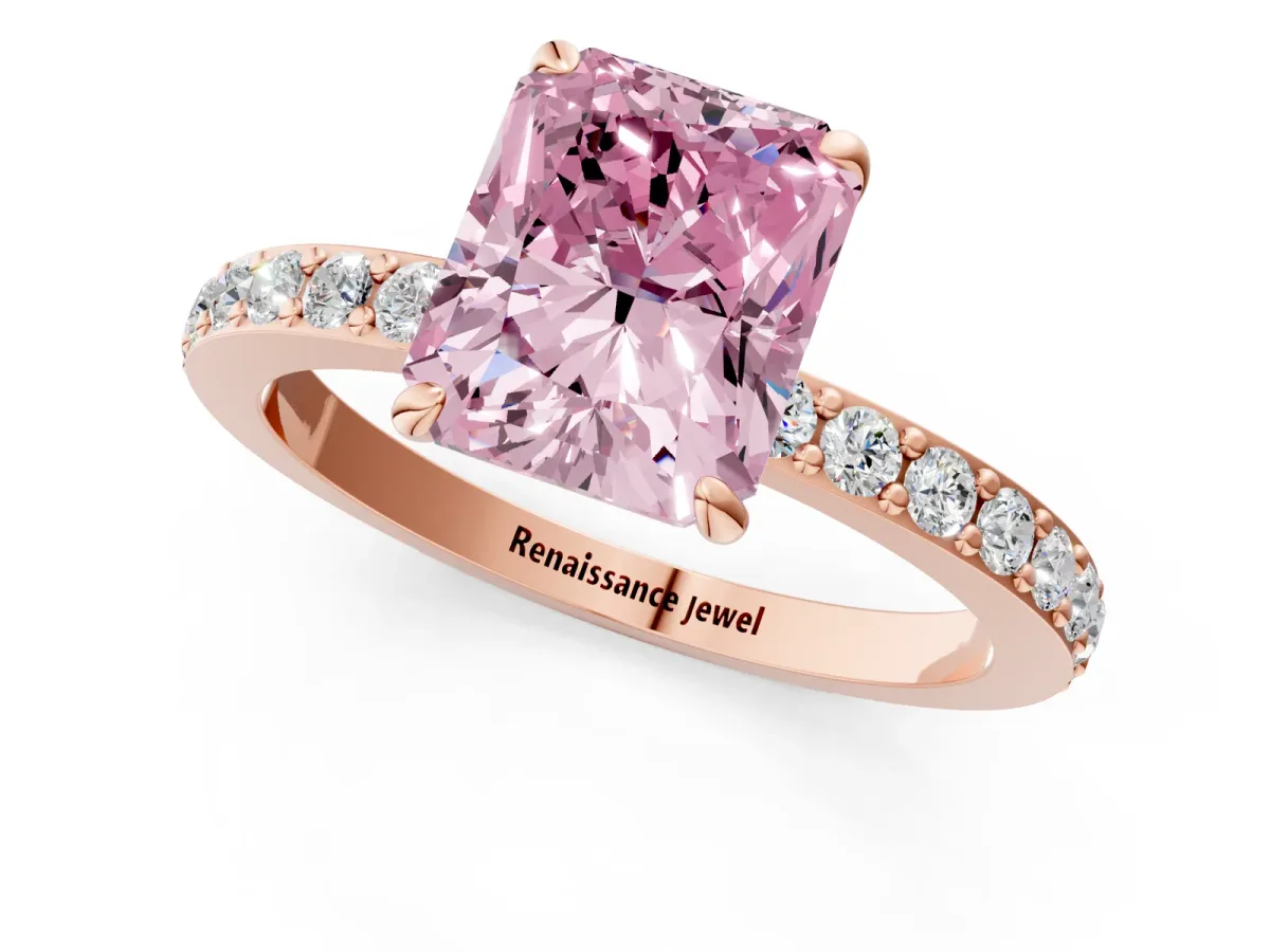 Fancy Pink Radiant Cut Diamond Solitaire Engagement Ring with Pavé Band and Four-Prong Setting Rose gold