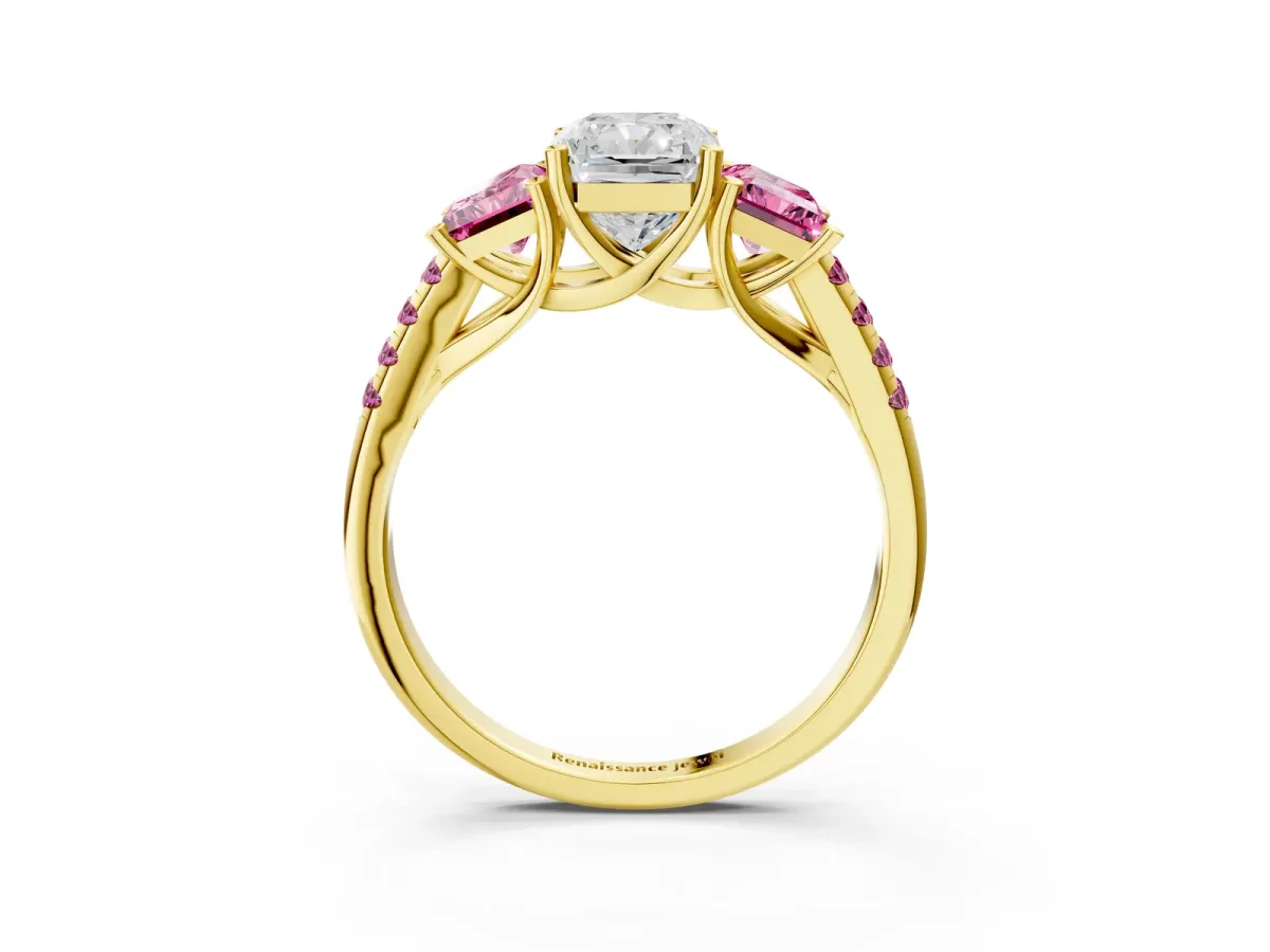 Three-Stone Radiant Cut Diamond Ring with Round Pink Sapphire Pavé Band and Prong Setting Yellow gold