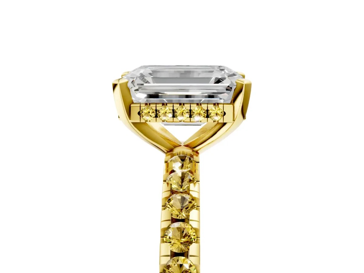 Emerald Cut Diamond Solitaire Ring with Round Yellow Sapphire Pavé Band and Four-Prong Setting Yellow gold