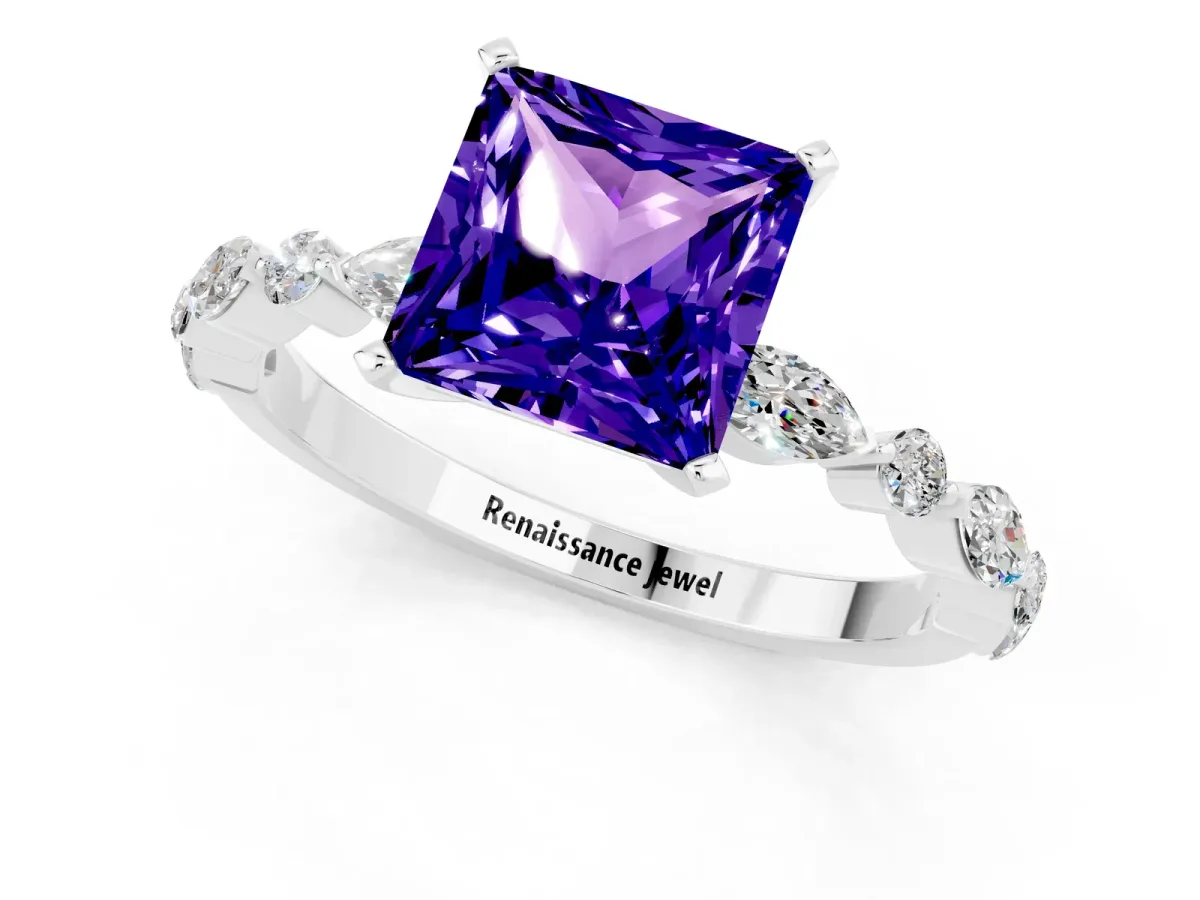 Princess Cut Tanzanite Ring with Marquise and Round Side Stones and Four-Prong Setting White gold