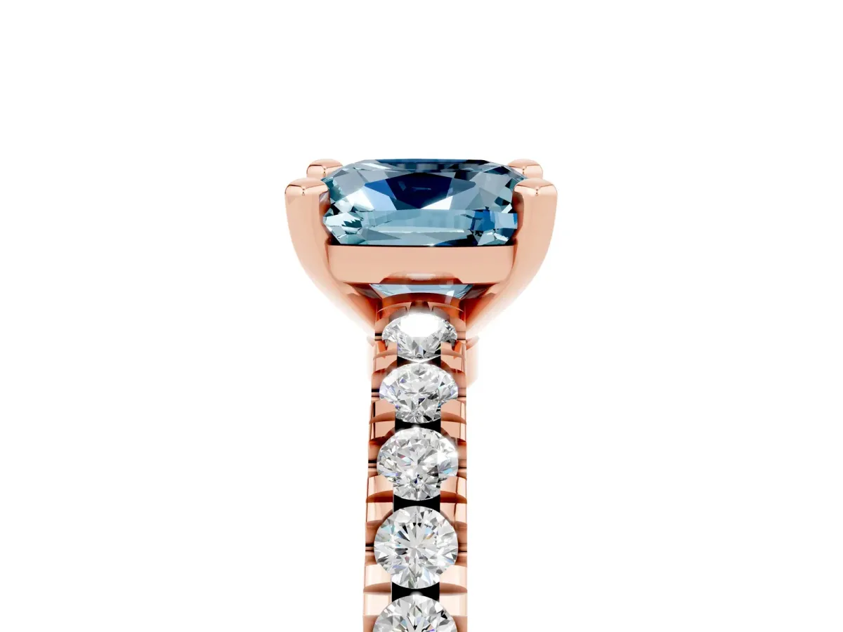 Cushion Cut Solitaire Aquamarine with Pavé Band and Four-Prong Setting Rose gold