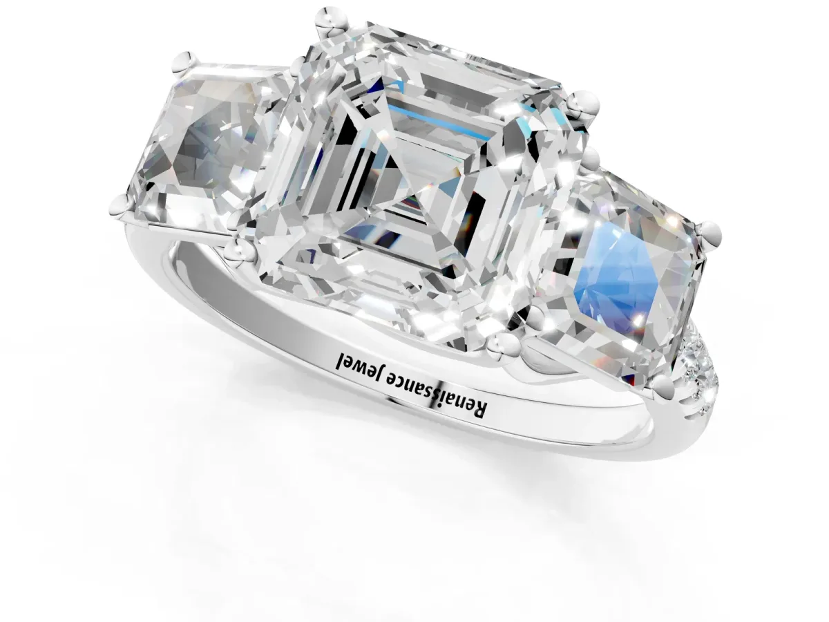 Three-Stone Asscher Cut Diamond Ring with Round Pavé Band and Prong Setting Platinum