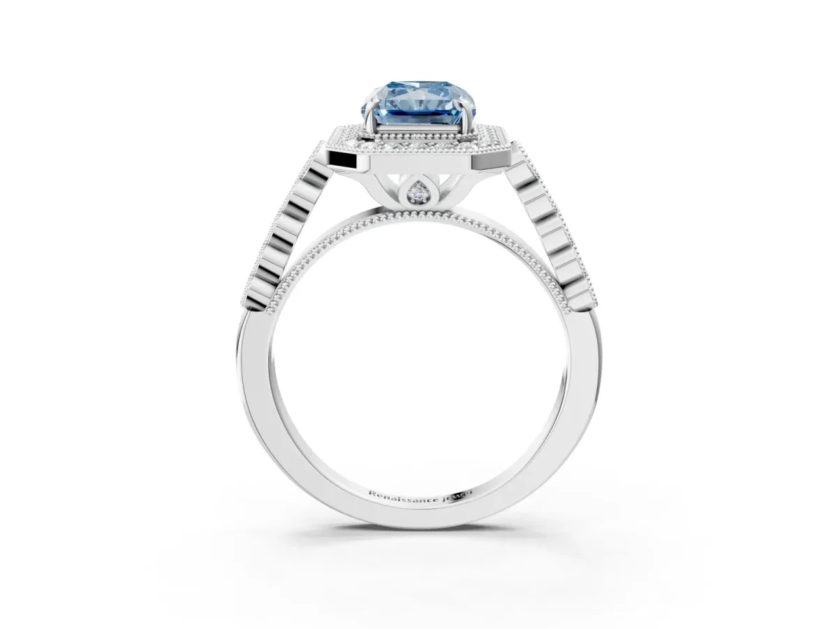 Fancy Blue Radiant Cut Halo Milgrain Solitaire with Bezel Set Side Stones and Pave Band Platinum