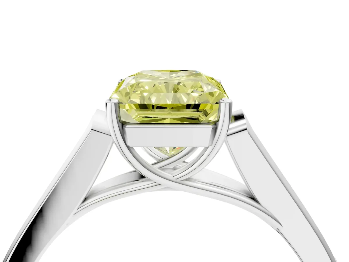 Fancy Yellow Radiant Cut Solitaire Cathedral Diamond Engagement Ring with Channel-Set Band and Four-Prong Setting Platinum
