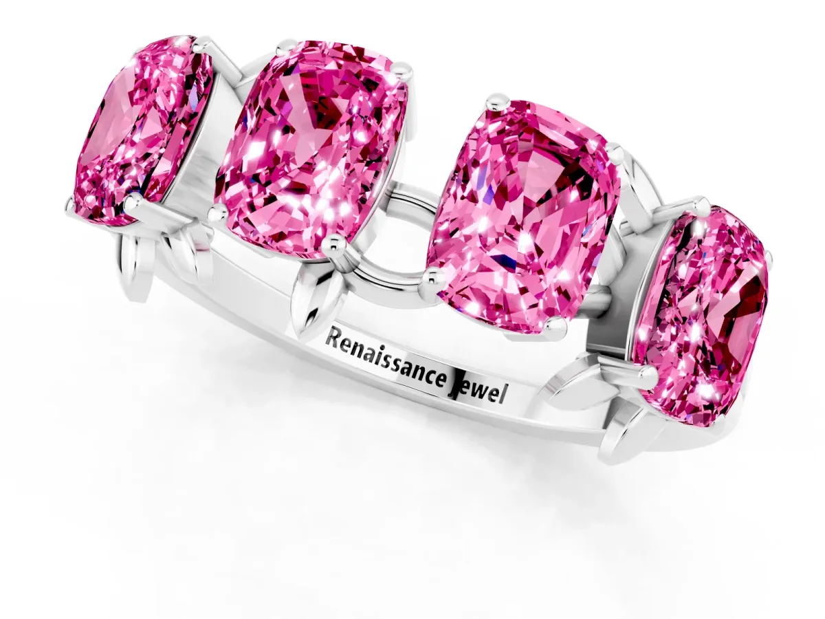 Four-Stone Elongated Cushion Pink Sapphire Band with Nature-Inspired Prong Setting White gold