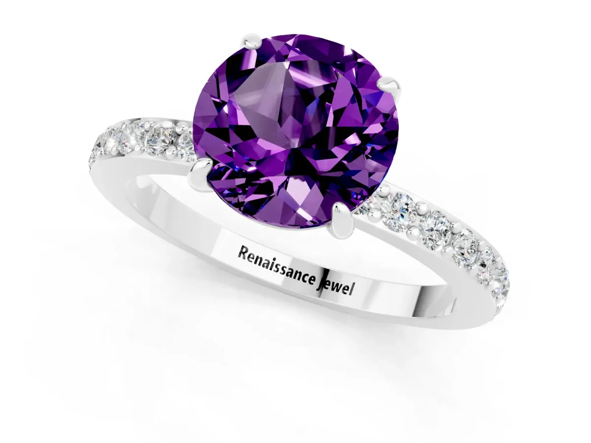 Round Cut Amethyst Solitaire Engagement Ring with Pavé Band and Four-Prong Setting Silver