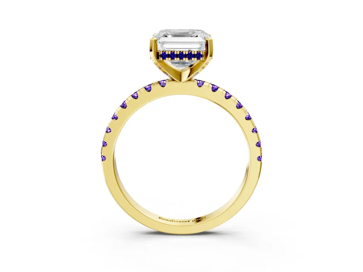 Asscher Cut Diamond Solitaire Ring with Round Tanzanite Pavé Band and Four-Prong Setting Yellow gold