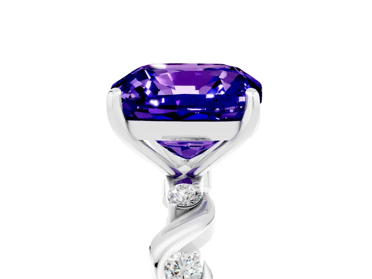 Cushion Cut Tanzanite Solitaire Twisted Band with Round Accents and Prong Setting White gold