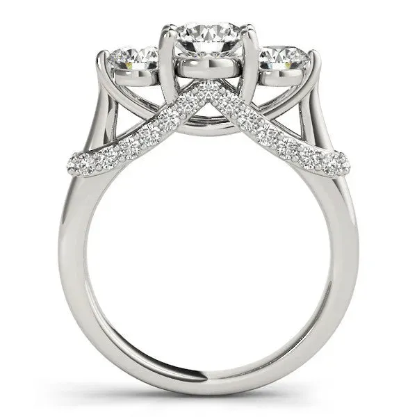 Round Cut Diamond Three-Stone Ring with Prong Setting and Pavé Band Silver