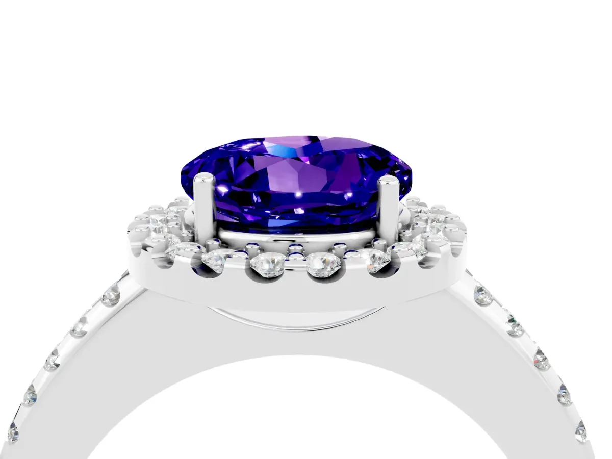 Round Cut Tanzanite Pavé Halo Ring with Four-Prong Setting Platinum