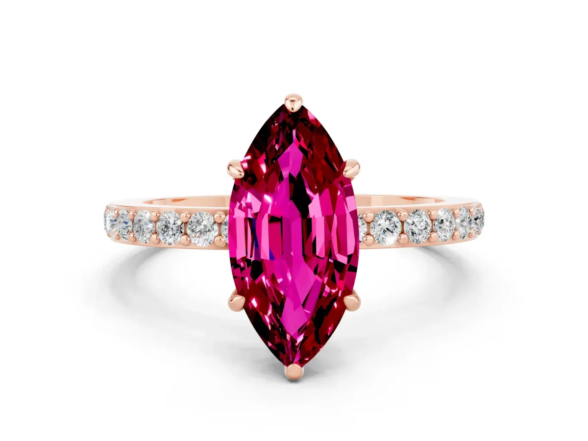 Marquise Cut Garnet Solitaire Engagement Ring with Pavé Band and Four-Prong Setting Rose gold