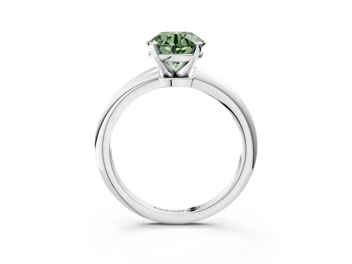 Fancy Green Round Cut Diamond Solitaire Ring with Six-Prong Setting and Classic Band Silver