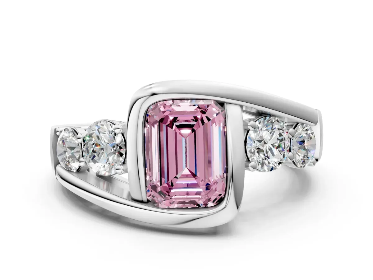 Fancy Pink Bezel Set Emerald Cut Diamond Bypass Ring with Round Accents Silver