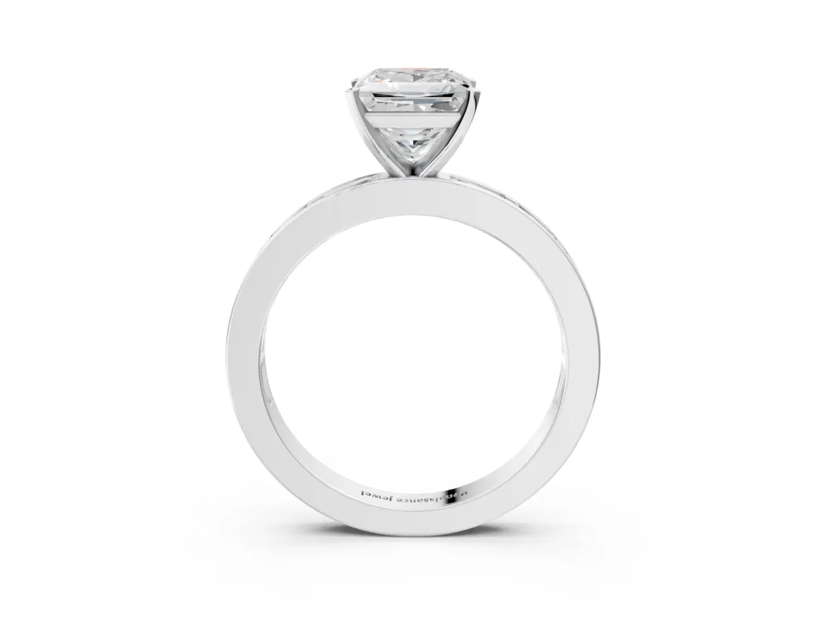 Princess Cut Solitaire Diamond Ring with Channel-Set Baguette Band and Four-Prong Setting White gold