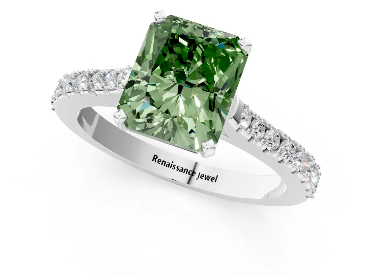 Fancy Green Radiant Cut Cut Solitaire Diamond Engagement Ring with Pave Band and Four-Prong Setting White gold