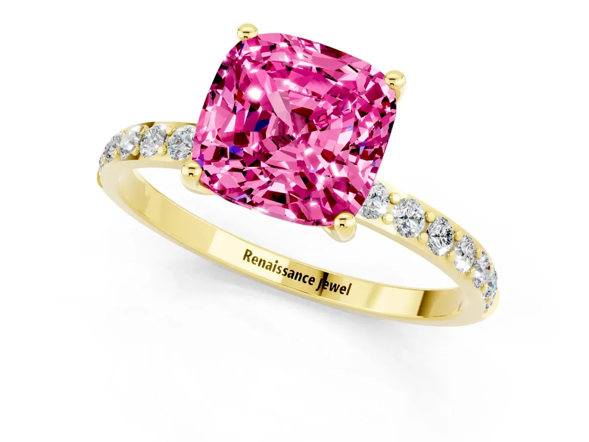 Cushion Cut Pink Sapphire Solitaire Ring with Round Pavé Band and Prong Setting Yellow gold