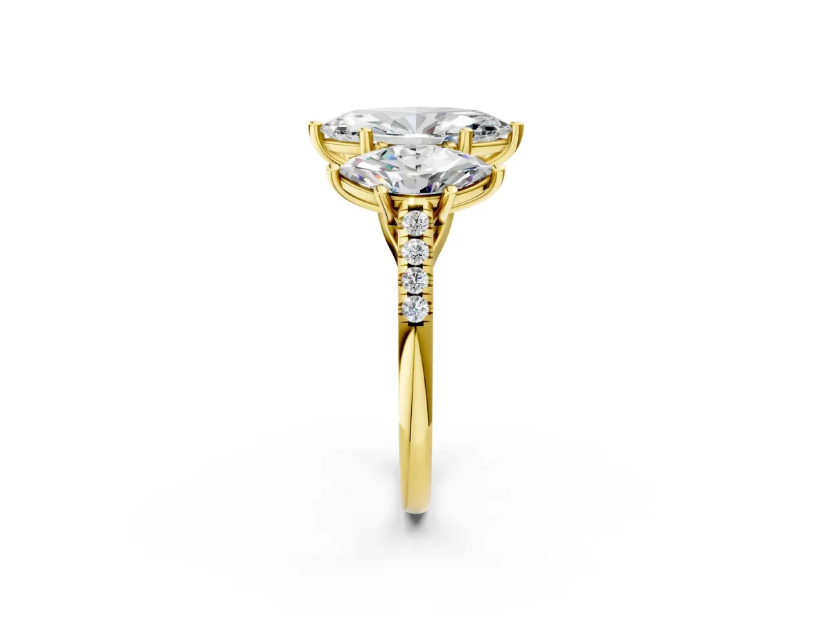 Three-Stone Marquise Cut Diamond Ring with Round Moissanite Pavé Band and Prong Setting Yellow gold
