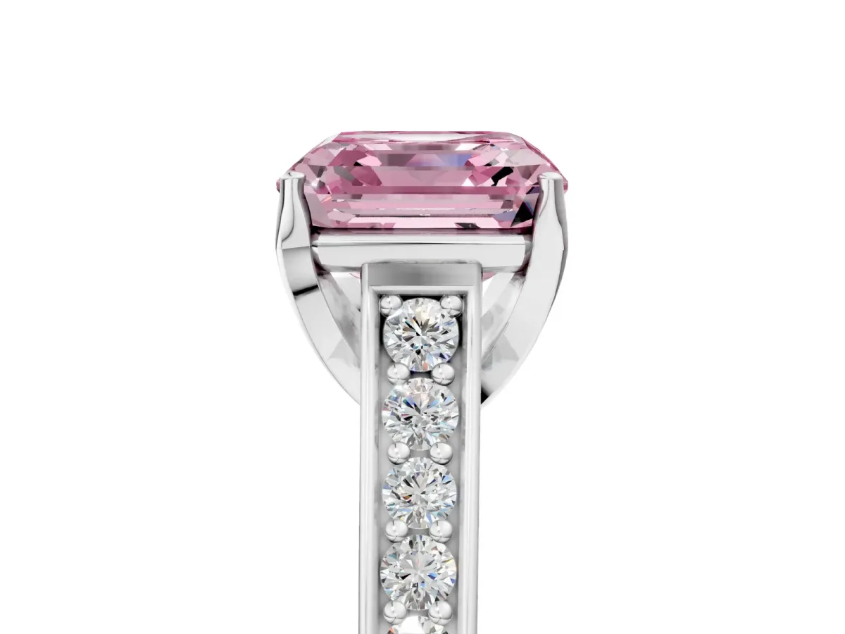 Fancy Pink Asscher Cut Brilliant Cut Diamond Engagement Ring with Pavé Band and Four-Prong Setting Platinum