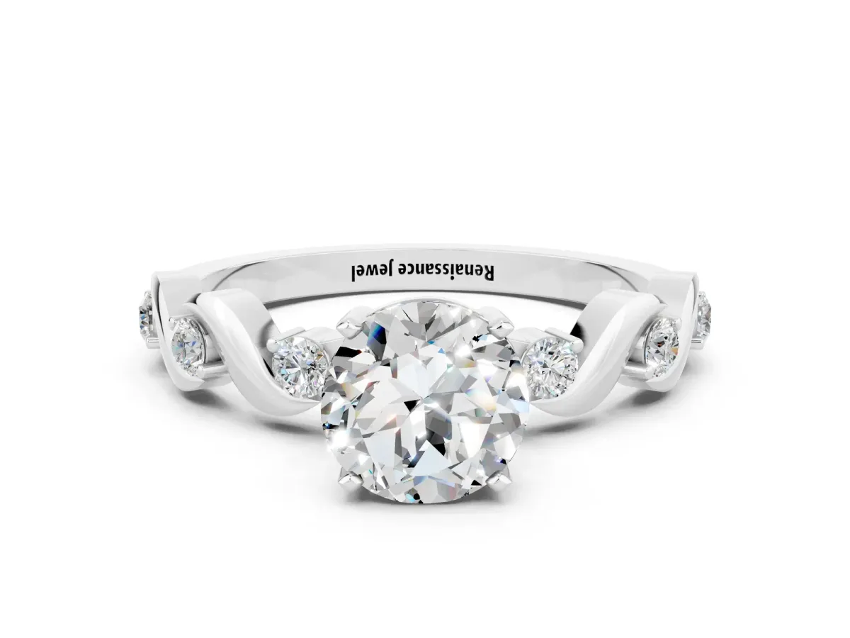 Round Cut Moissanite Solitaire Twisted Band with Round Accents and Prong Setting White gold