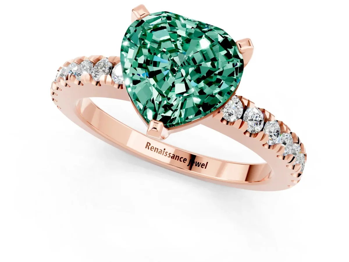 Heart Cut Solitaire Green Sapphire with Pavé Band and Four-Prong Setting Rose gold