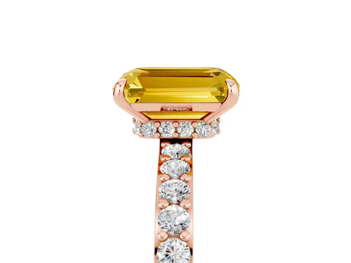 Emerald Cut Yellow Sapphire Solitaire Engagement Ring with Pavé Band and Four-Prong Setting Rose gold