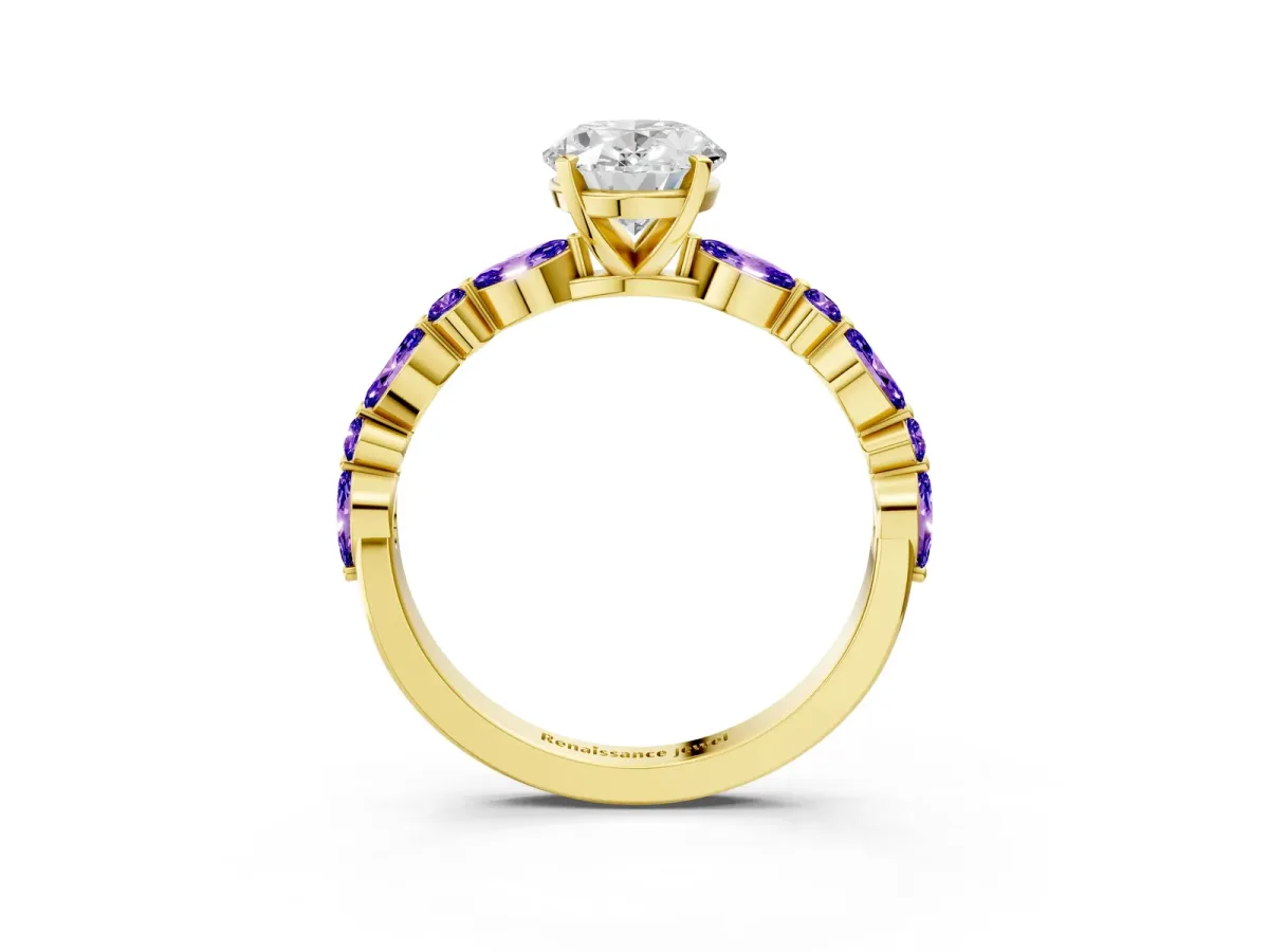 Oval Cut Diamond Ring with Marquise and Round Tanzanite Side Stones and Four-Prong Setting Yellow gold