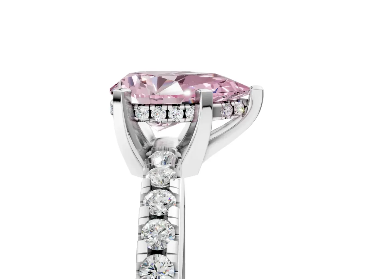 Fancy Pink Pear Cut Diamond Solitaire Ring with Round Pavé Band and Four-Prong Setting Silver