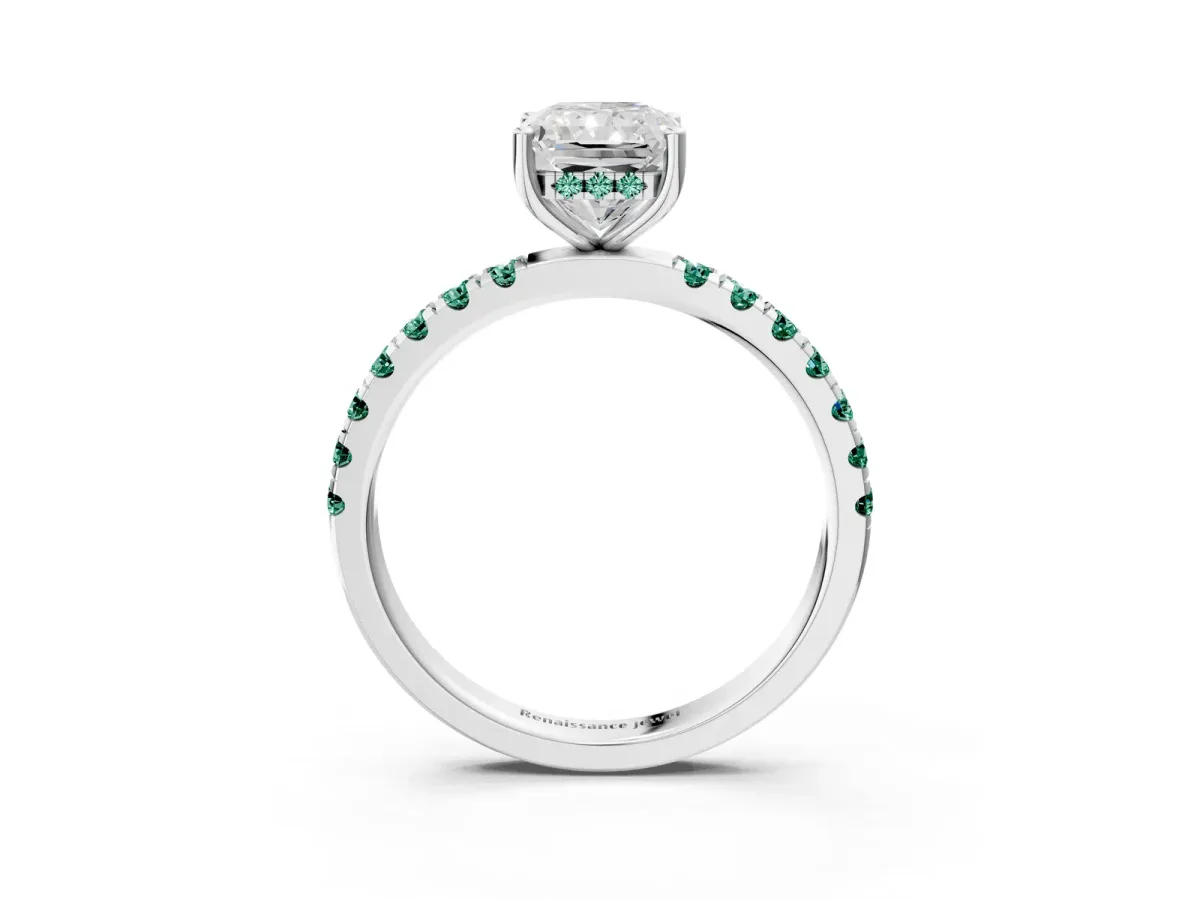 Radiant Cut Diamond Pave Band Solitaire Ring with Round Green Sapphire and Prong Setting White gold