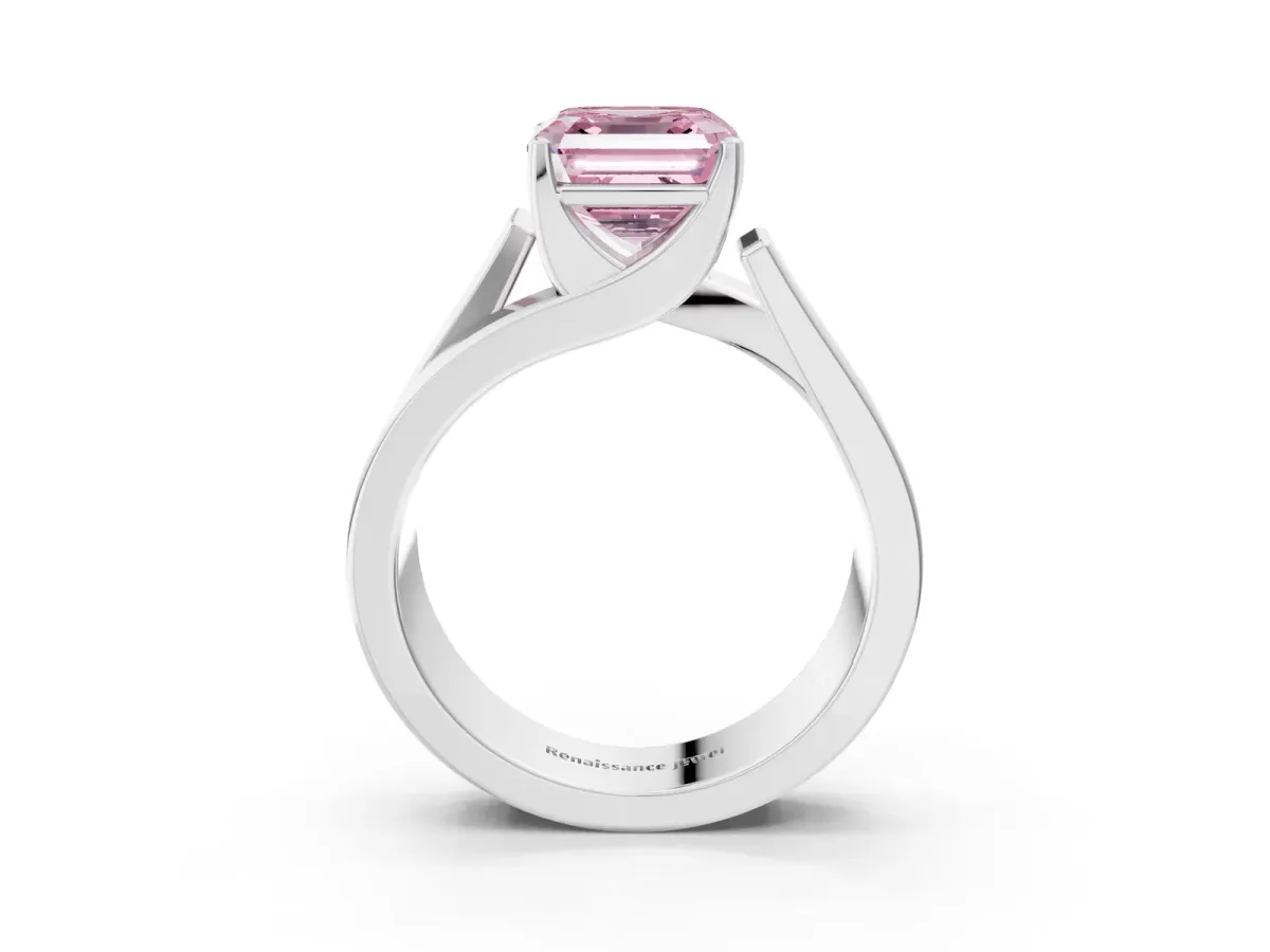 Fancy Pink Modern Tension Set Asscher Cut Diamond Solitaire Wide Band Ring Silver