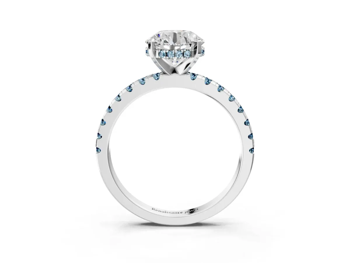 Round Cut Diamond Solitaire Ring with Round Aquamarine Pavé Band and Four-Prong Setting White gold