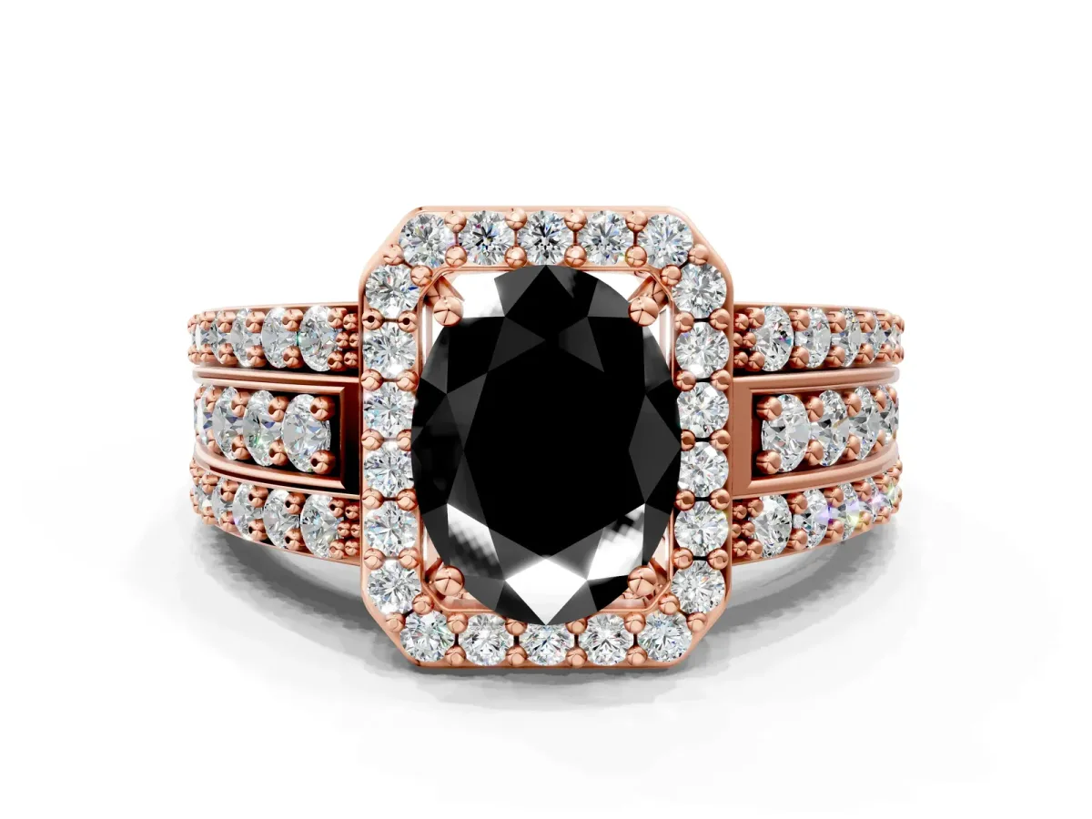 Fancy Black Oval Cut Halo Diamond Ring with Round Split Shank and Prong Setting Rose gold