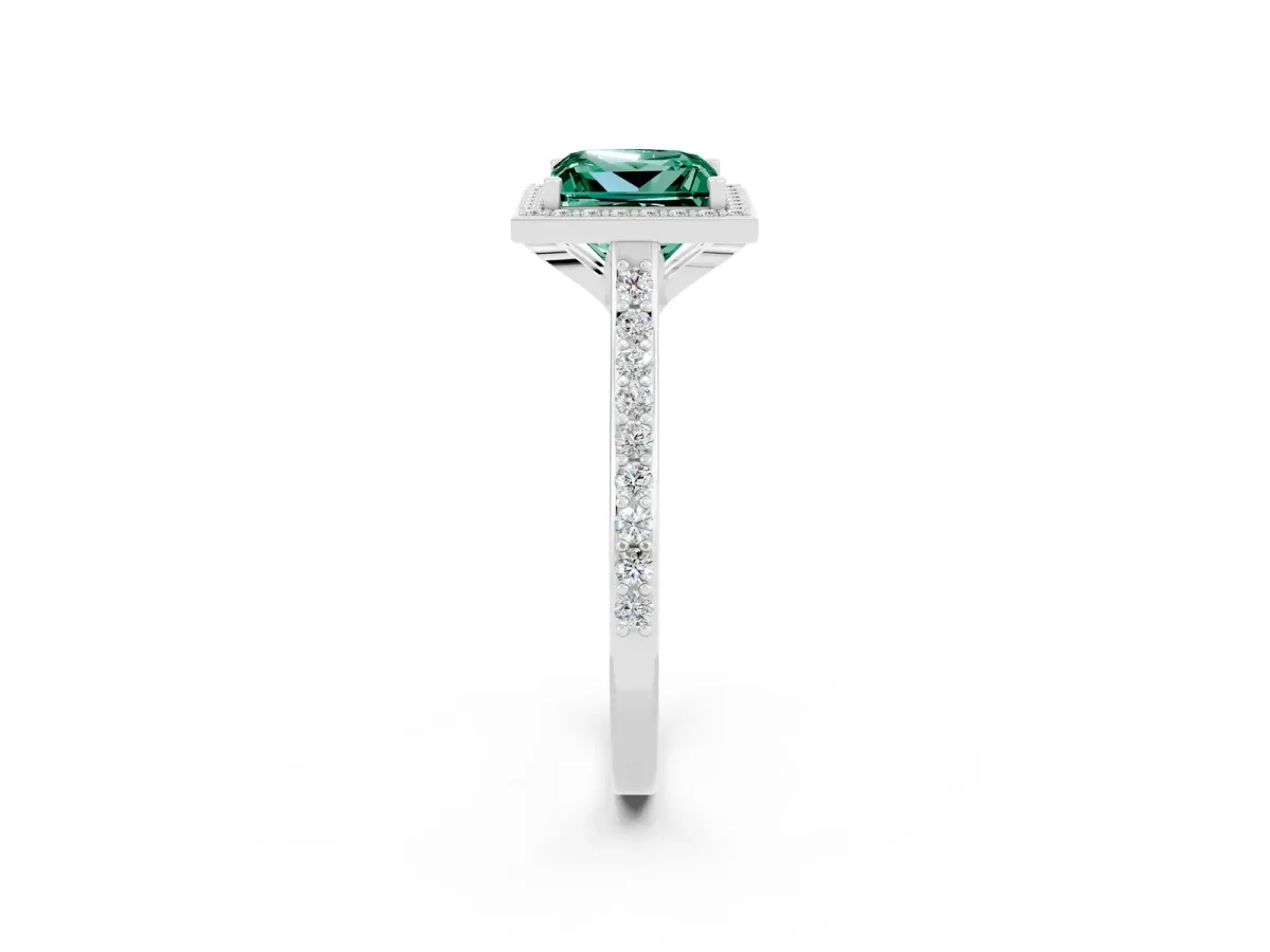 Princess Cut Green Sapphire Halo Engagement Ring with Round Pavé Shoulders and Prong Setting Silver