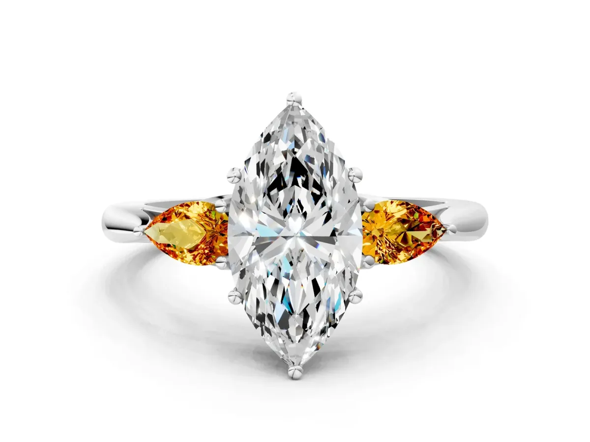 Marquise Cut Diamond Three-Stone Ring with Pear Citrine Side Stones and Prong Setting Silver